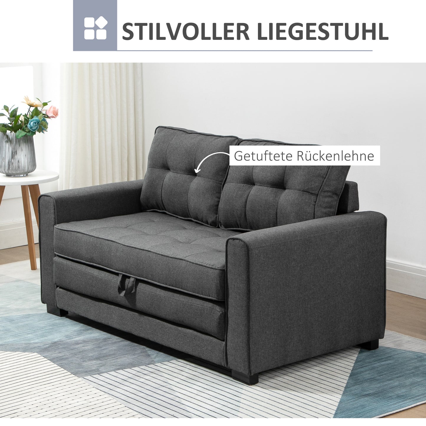 Slaapbank – Bedbank – Logeerbank – Uitklapbank – Tweezitsbank – Stof Met Linnen Look – Massief Rubberhout – 147,5x75x85 cm – Compact En Comfortabel