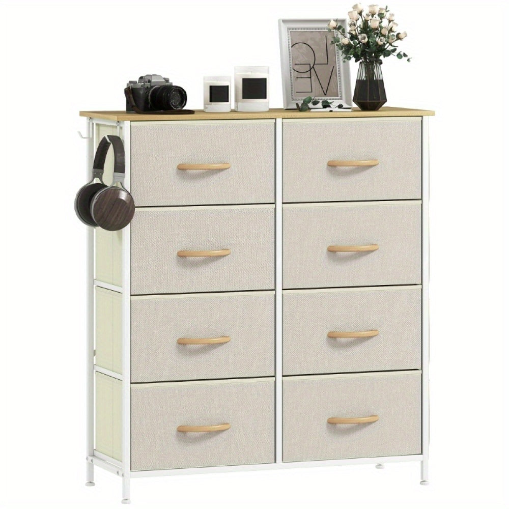 Ladekast – Ladekasten – Opbergkast – Kast – Ladenkast – 8 Stoffen Lades – Stalen Frame – Smal Verticaal Ontwerp – Antikantel Veilig – Inclusief 4 Opbergvakken en 2 Haakjes – Zwart-Wit Design – 68,5 cm Hoog – Duurzaam en Modern