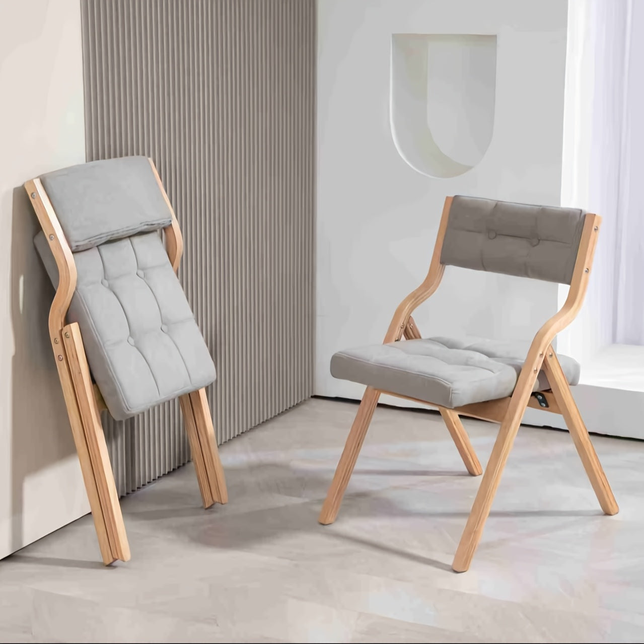 Folding Chair with Cushion, Wooden Upholstered Folding Chair 2pcs Set, Portable Assembled Folding Dining Chairs for Guests, Kitchen, Office, Wedding And Party, Gray