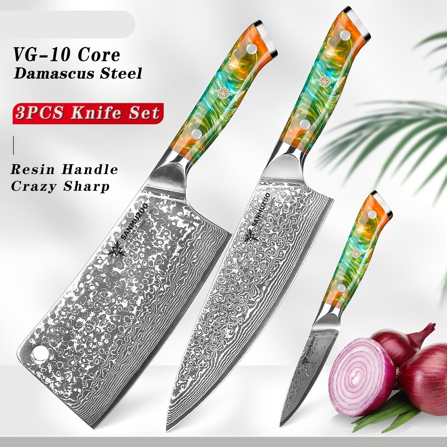 Keukenmes – Koksmes – Schilmes – Officemes – Keukenmessen Set – VG10 Damascus Staal – Groen Resin Handvat