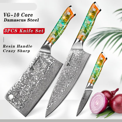 Keukenmes – Koksmes – Schilmes – Officemes – Keukenmessen Set – VG10 Damascus Staal – Groen Resin Handvat