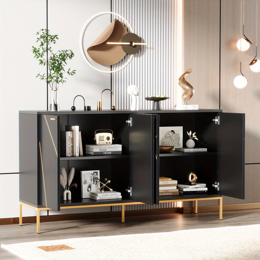 Dressoir – Dressoirkast – Ladekast – Opbergkast – Buffetkast – Zwart met Gouden Metalen Accenten – 150x80x40 cm – TV Meubel