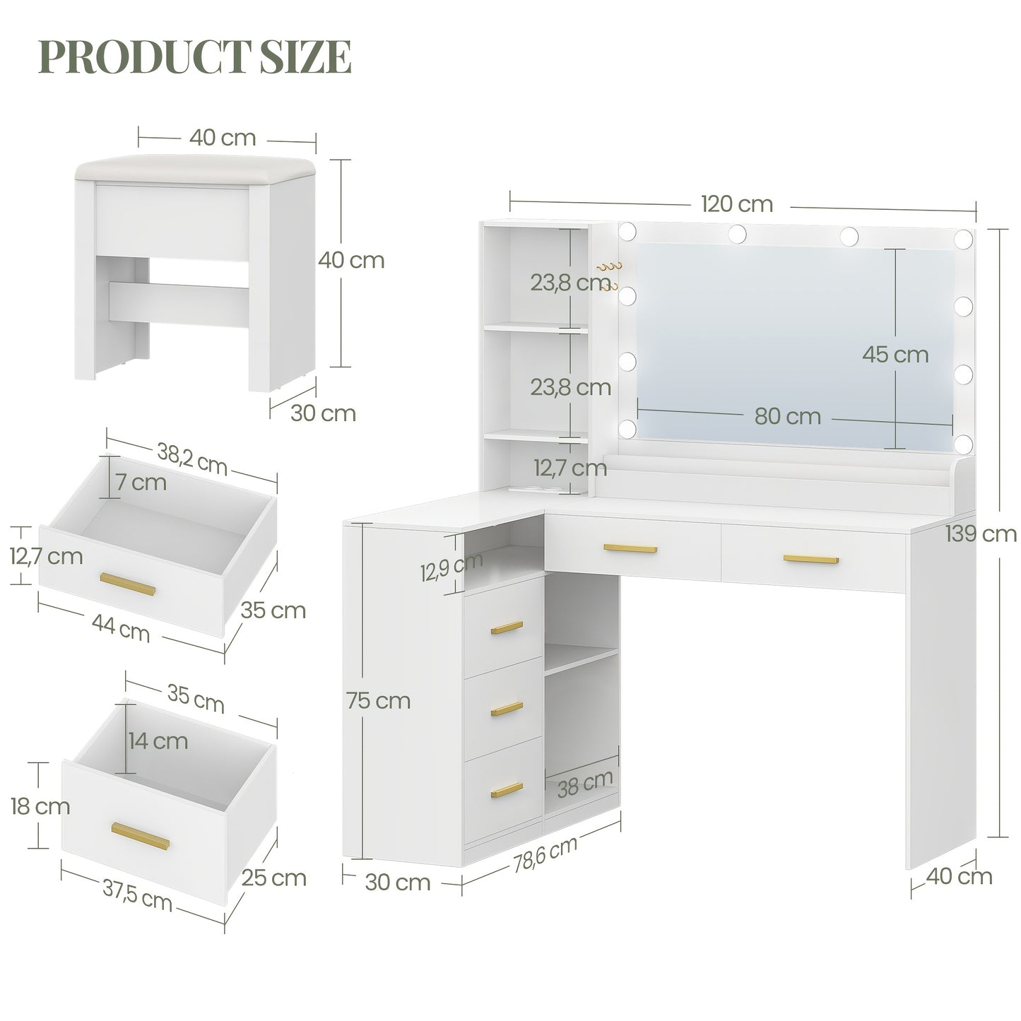 Corner Dressing Table with Stool, Large Mirror, 5 Drawers and Multiple Open Storage Shelves, 40 × 120 × 139cm, White