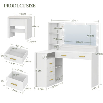 Corner Dressing Table with Stool, Large Mirror, 5 Drawers and Multiple Open Storage Shelves, 40 × 120 × 139cm, White