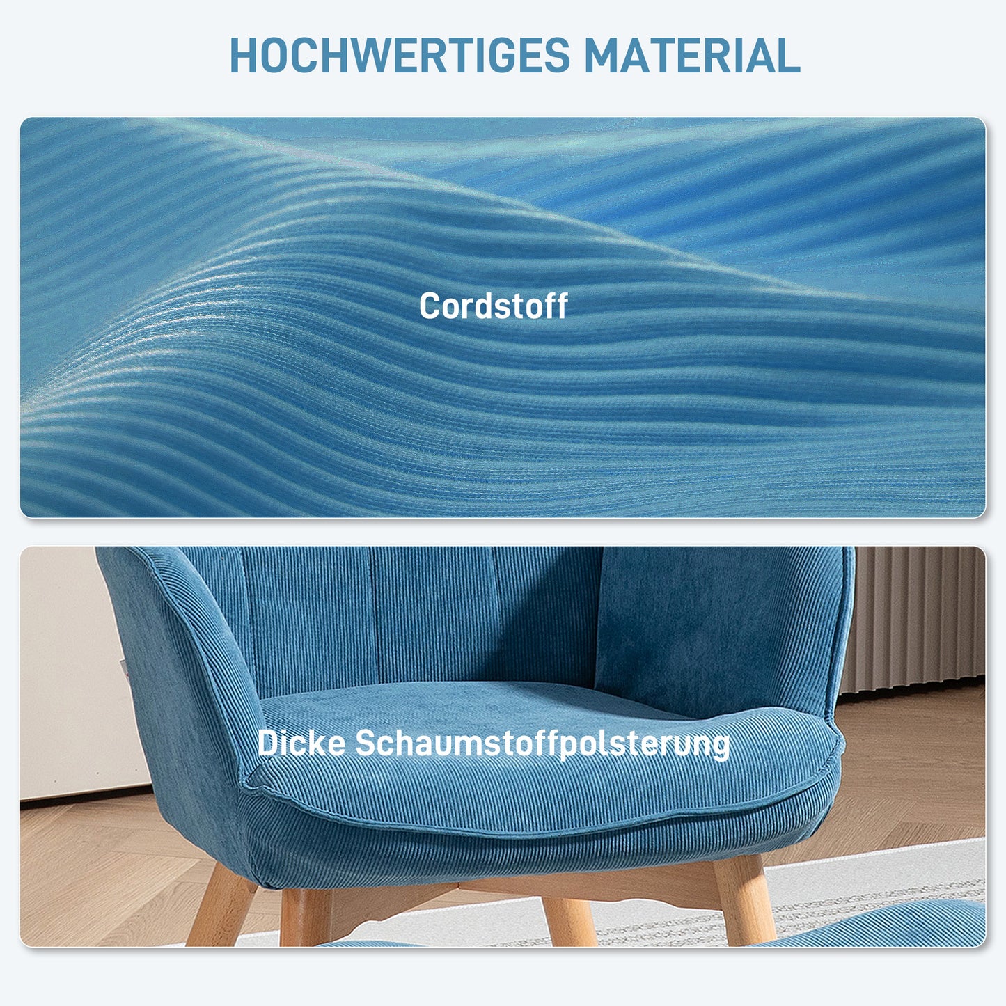 Fauteuil – Relaxstoel – Accentstoel – Armstoel – Clubstoel – Blauw – Met Voetenbank – Zachte Corduroy Stof – Stevige Houten Poot