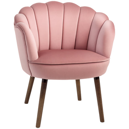 Fauteuil – Loungestoel – Relaxstoel – Leunstoel – Schelpvormige Lounge Chair – Roze Velvet Bekleding – Houten Poten – Compact Design