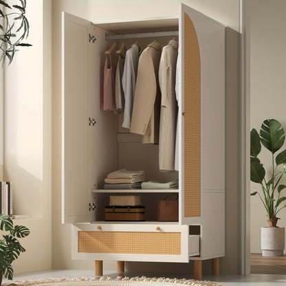 Kastenunit – Opbergkast – Kabinet – Dressoir – Ladekast – Tegen Kantelen – Verstelbare Planken – Rieten Deuren – Vrijstaand – Wit Houtkleur