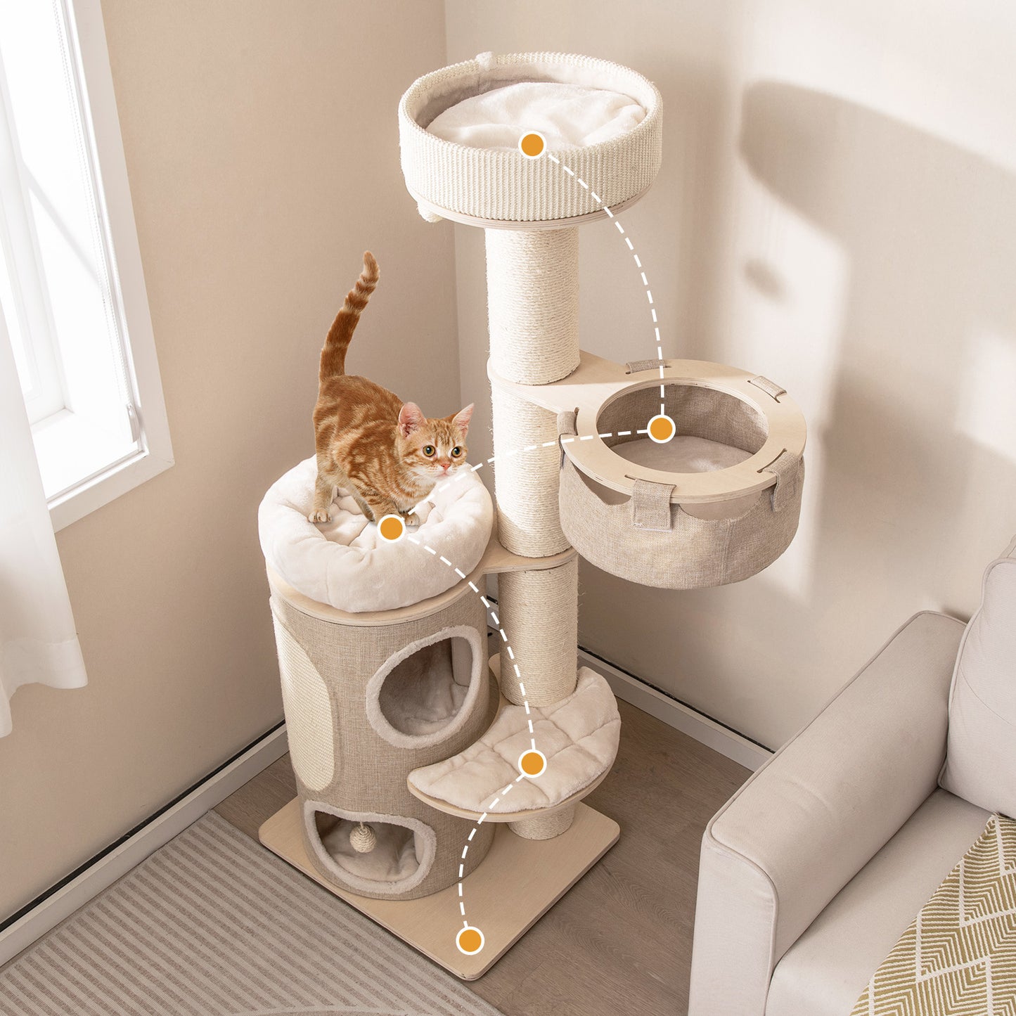 Krabpaal – Kattenboom – Kattenhuis – Kattenmeubel – Kattentoren – 154 cm Hoog – Stevige Basis met Sisal Krabpalen