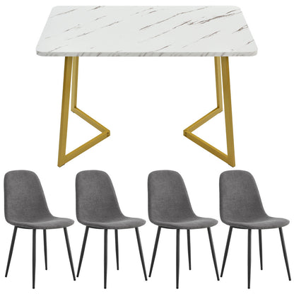 Eettafelset 5-delig – Eetkamerset – Dinerset – Tafel met Stoelen – Witte Tafel Met Gouden Metalen Poten – Grijze Linnen Bekleding – Stevig & Duurzaam – Modern Elegant Design