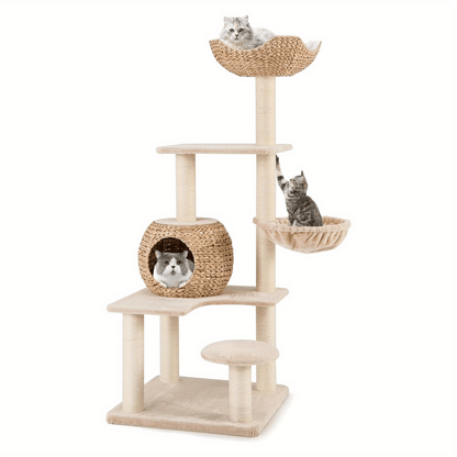 Krabpaal – Kattenboom – Krabmeubel – Kattentoren – Kattenhuis – 4 Niveaus Met Hol, Hangmat & Sisal Krabpalen – Natuurlijk Beukenhout 60x60x150 cm