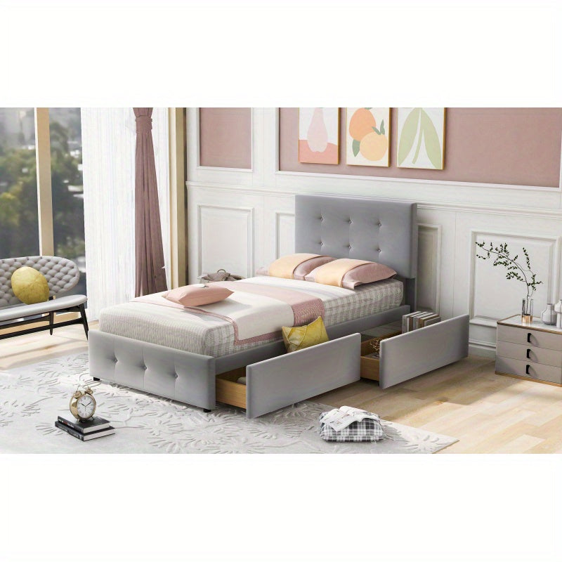 Eenpersoonsbed – Bed – Jongerenbed – Logeerbed – Slaapbed – Verstelbaar Hoofdbord – Zachte Velvet Stof – 90x200 cm – Met Opberglades – Grijs