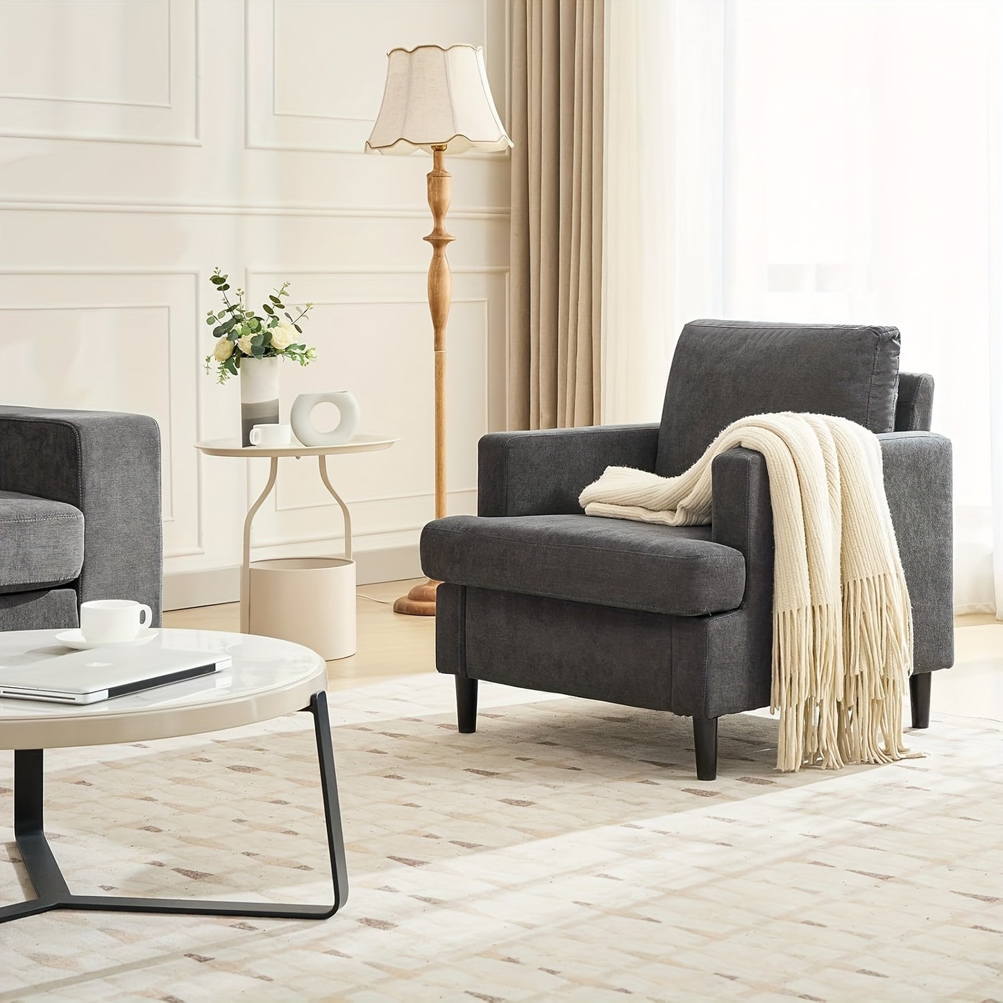 Fauteuil – Zetel – Fauteuilstoel – Loungefauteuil – Accentstoel – Donkergrijs – Hoogwaardig Linnenstof – Dikke Zitting – Stevig Frame Zonder Hout – Direct Gebruiksklaar