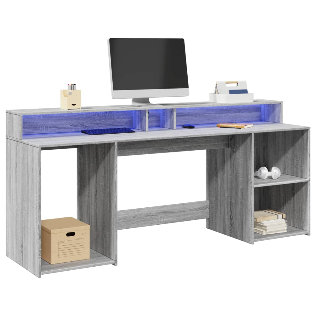 Bureau – Werkplek Meubel – Computertafel – Laptoptafel – Thuiswerkbureau – Grijs Sonoma – 200 x 55 x 91 cm – Verstelbare RGB LED-verlichting – Ruime Opbergruimte