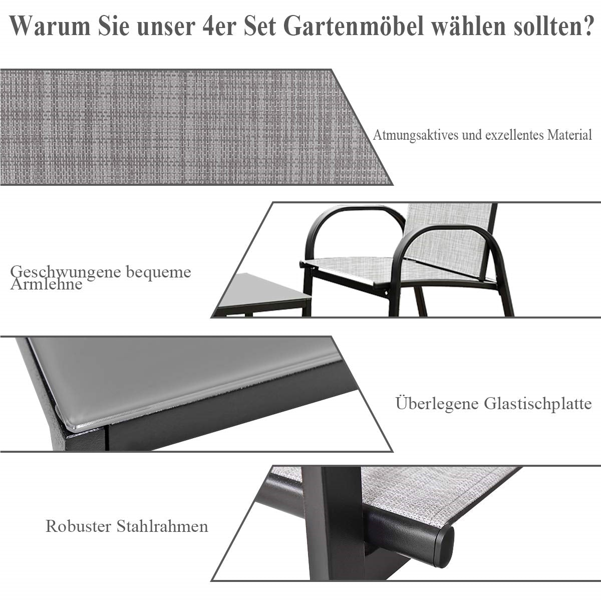 Tuinset 4-delig – Loungeset – Balkonmeubilair – Terrasmeubels – Buitenmeubels – Gepoedercoat IJzer – Gehard Glas Tafelblad