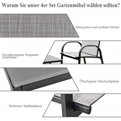 Tuinset 4-delig – Loungeset – Balkonmeubilair – Terrasmeubels – Buitenmeubels – Gepoedercoat IJzer – Gehard Glas Tafelblad