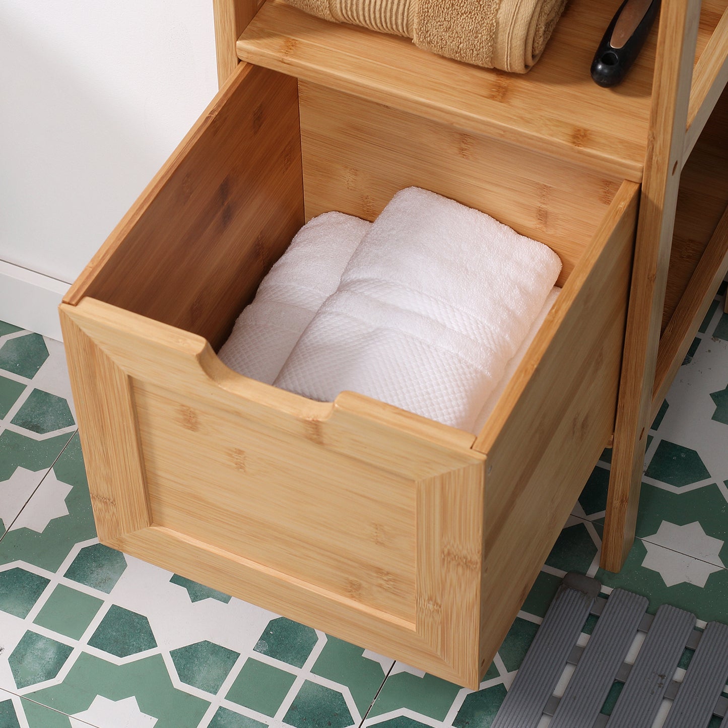 Bamboo Bathroom Cabinet, 1 Shelf, 2 Drawers, 30 Cm X 30 Cm X 90 Cm; Natural