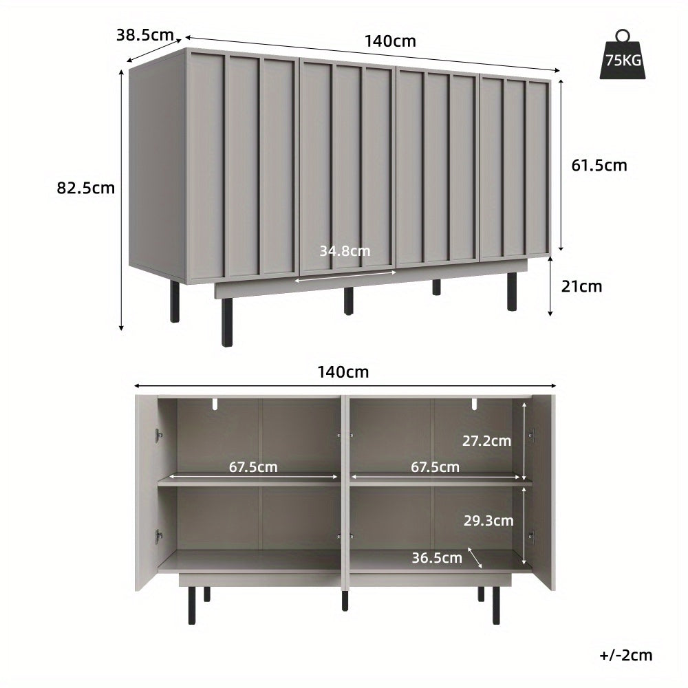 Dressoir – Sideboard – Opbergkast – Meubel – Buffetkast – Extra Lang – Ruimtebesparend Design – Open Planken – Stevige Constructie – Modern Grijs – 140x38,5x82,5 cm – Eenvoudige Montage – Zonder Elektriciteit