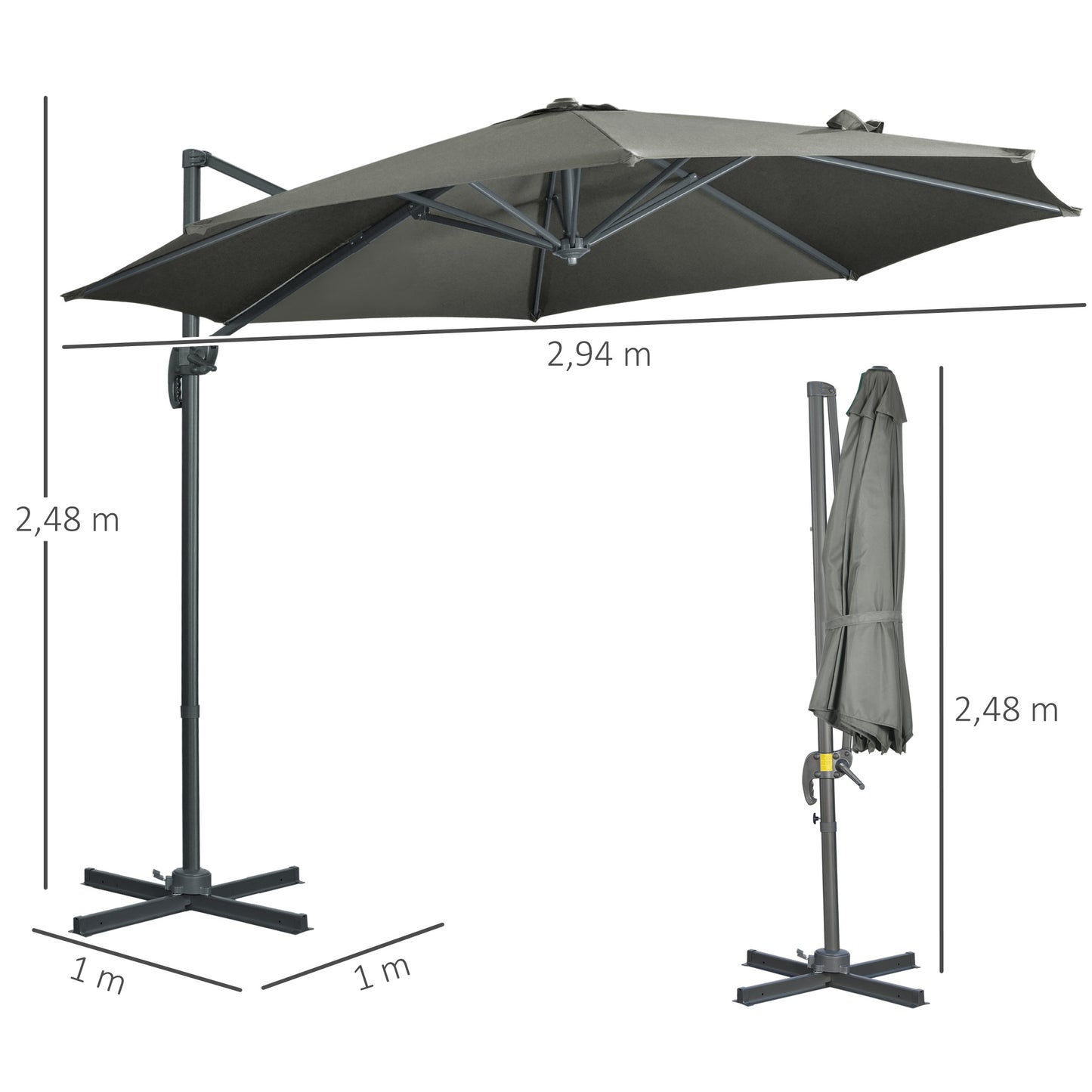 Offset Parasol – Hangparasol – Tuinparasol – Balkonparasol – Zonneparasol – 3 Meter Ø – Kantelbaar en 360° Draaibaar – Grijs Polyester Met Stalen Voet