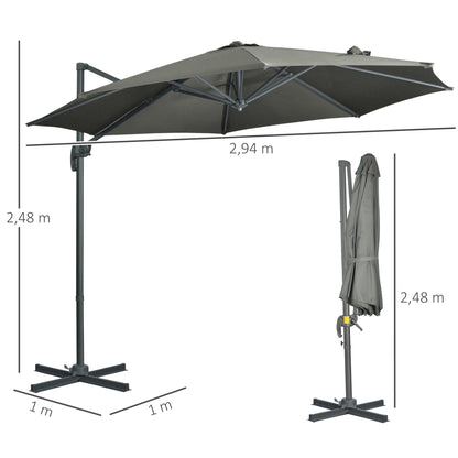 Offset Parasol – Hangparasol – Tuinparasol – Balkonparasol – Zonneparasol – 3 Meter Ø – Kantelbaar en 360° Draaibaar – Grijs Polyester Met Stalen Voet
