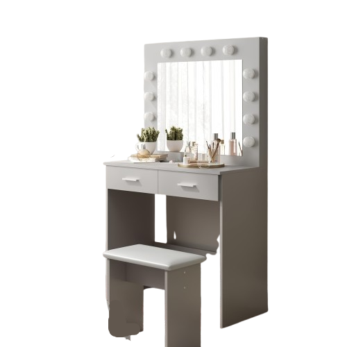 Kaptafel – Make-up Tafel – Toilettafel – Vanity – Opmaaktafel – Silvery Grey – Grote Spiegel – 2 Ruime Lades Met Opbergruimte