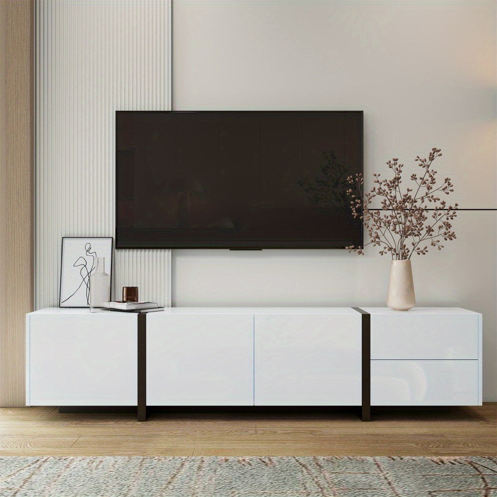 tv-meubel – tv-kast – tv-dressoir – media meubel – entertainment unit – modern wit design – duurzaam materiaal zonder hout – met zwarte poten – veel opbergruimte – minimalistisch – eenvoudig te monteren