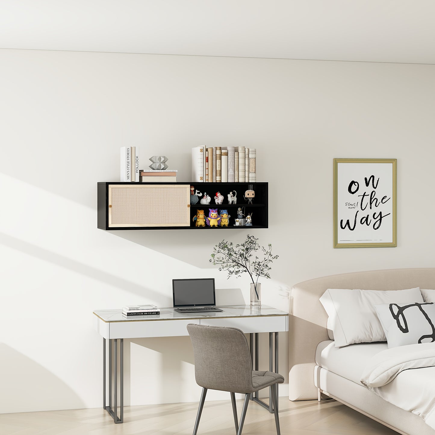 Zwart Wandkastje – Wandrek – Opbergkast – Muurkast – Kast Met Schuifdeuren – Geweven Rattan – 110 cm Lang – Hardhout