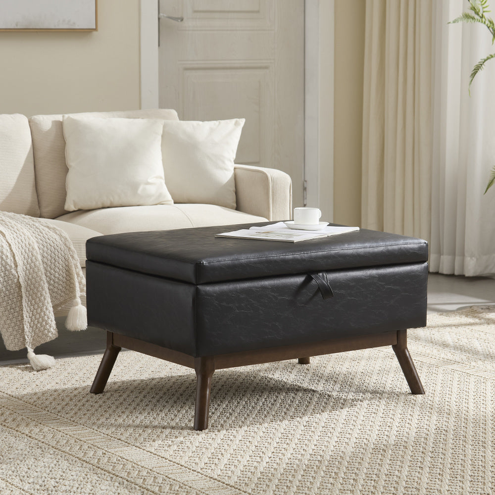 Poef – Opbergpoef – Hocker – Voetenbankje – Zitpoef – Mid-Century Modern Design – Massief Houten Frame – Zachte Microvezelbekleding