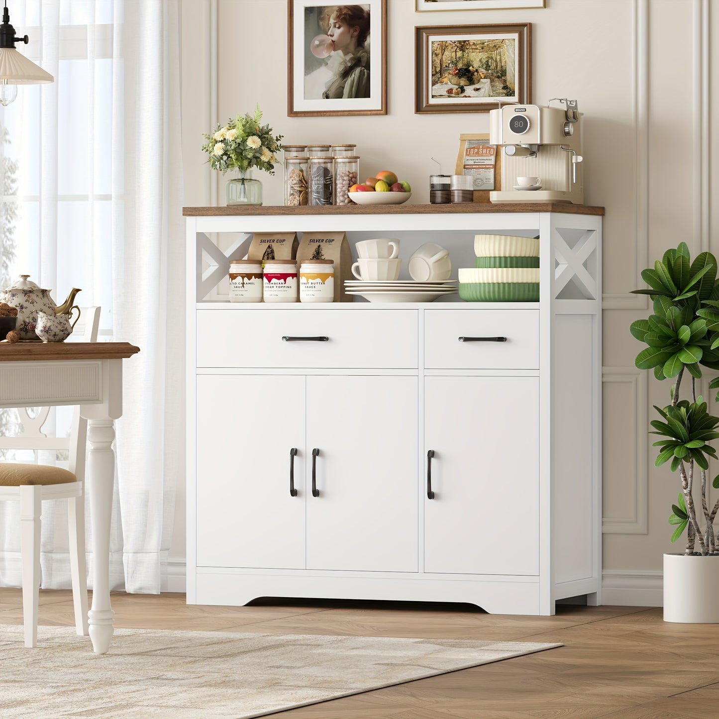 Kealive Modern White & Brown Wood Kitchen Cabinet with 2 Drawers & 3 Doors - Adjustable Shelves, -Standing Storage Cupboard, Space-Saving Design for Small Spaces, Hallway, Dining Room - Particleboard/ (Easy Assembly