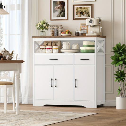 Kealive Modern White & Brown Wood Kitchen Cabinet with 2 Drawers & 3 Doors - Adjustable Shelves, -Standing Storage Cupboard, Space-Saving Design for Small Spaces, Hallway, Dining Room - Particleboard/ (Easy Assembly