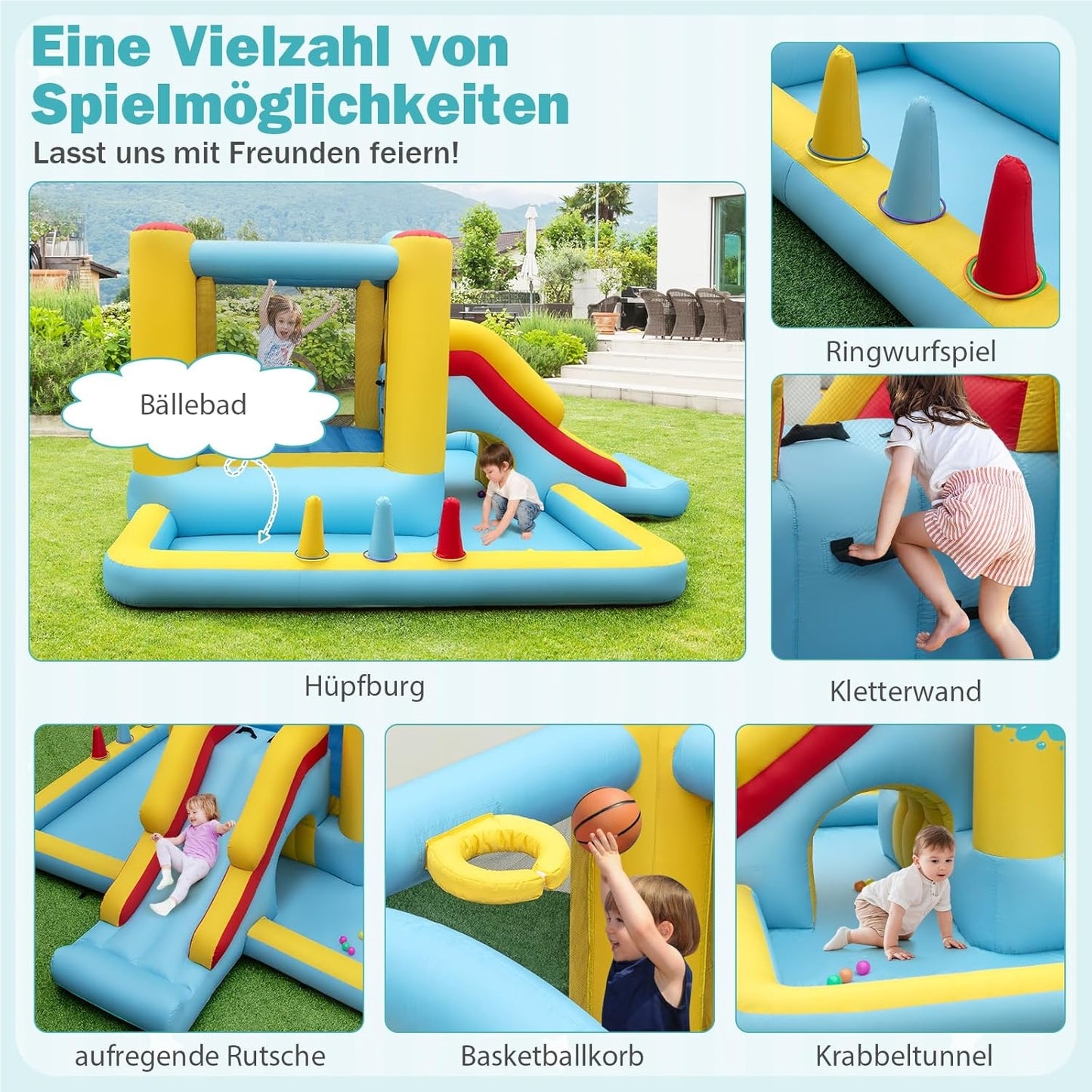 Springkussen – Springkasteel – Luchtkussen – Speeltoestel – Jump-O-Lene – Met Glijbaan & Tunnel – Inclusief Basketbalring & Ringwerpspel – Groot 394x389x194 cm – Duurzaam Oxford Polyester