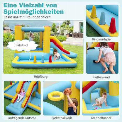 Springkussen – Springkasteel – Luchtkussen – Speeltoestel – Jump-O-Lene – Met Glijbaan & Tunnel – Inclusief Basketbalring & Ringwerpspel – Groot 394x389x194 cm – Duurzaam Oxford Polyester