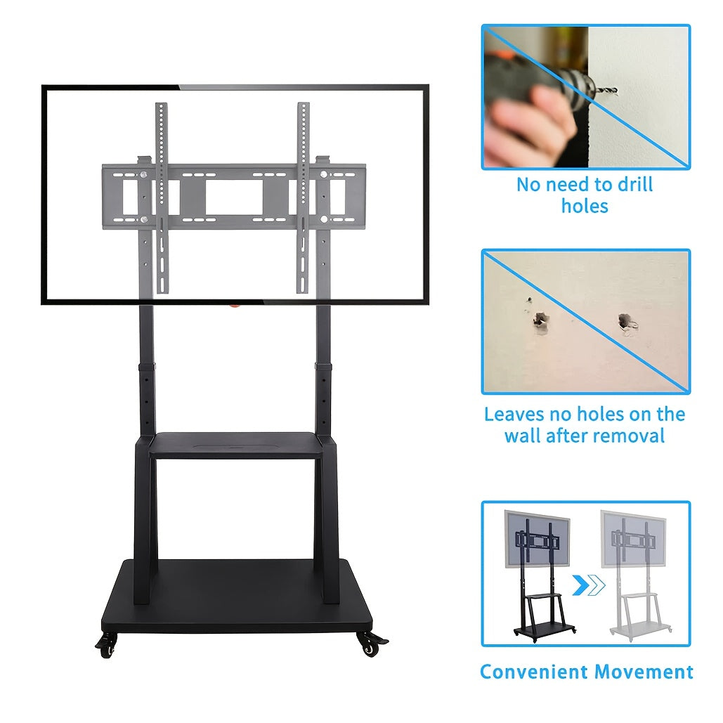 Mobiele TV-standaard – Verrijdbare TV-wagen – Verstelbare TV-houder – Mobiele TV-kar – TV-trolley Zwart – Verstelbare hoogte tot 175 cm – Stevige metalen constructie tot 80 kg