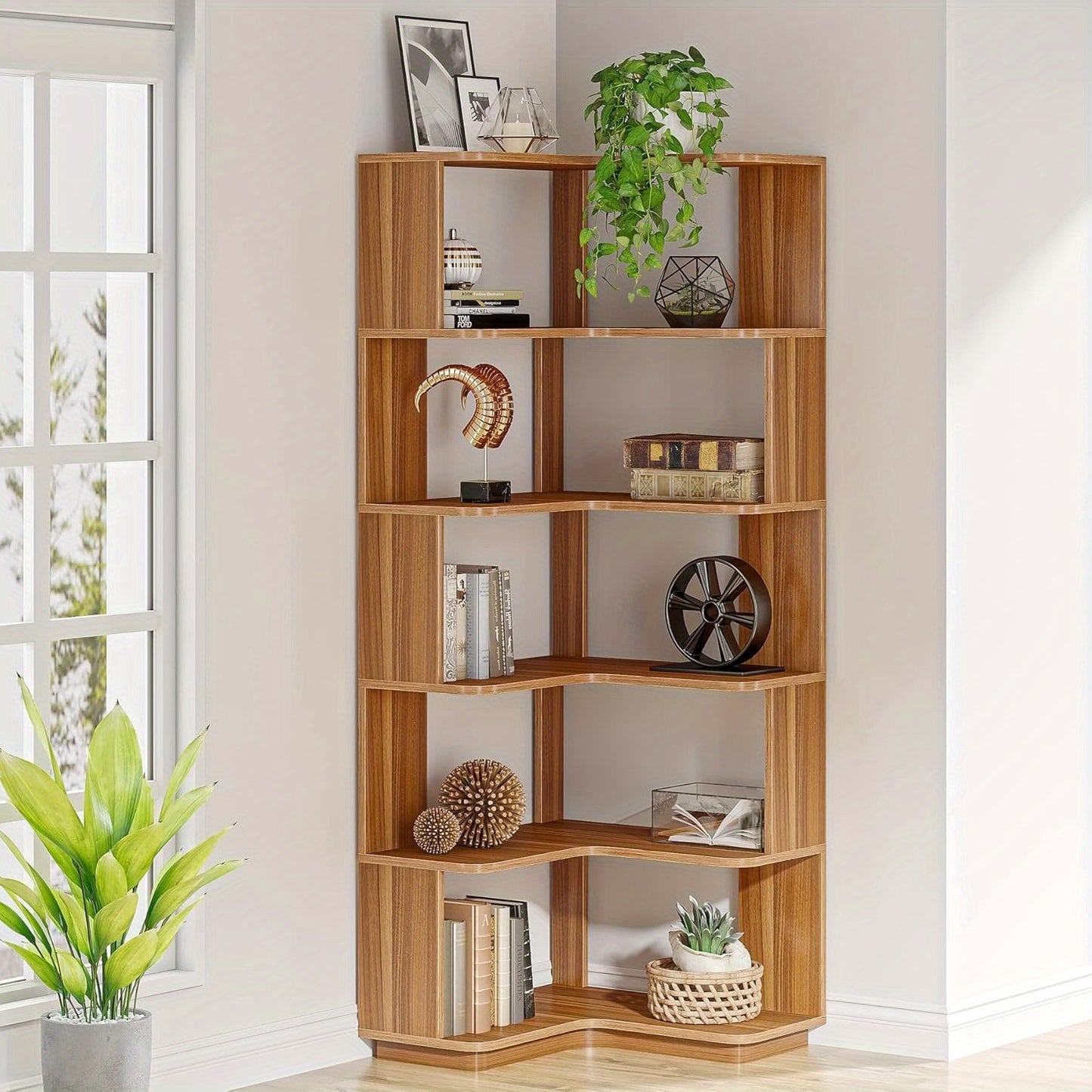Boekenkast – Boekenrek – Opbergkast – Vakkenkast – Stellingkast – 6-laags Hoekontwerp – Stevig MDF Notenhout – Anti-val Panelen – 165 cm Hoog