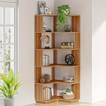 Boekenkast – Boekenrek – Opbergkast – Vakkenkast – Stellingkast – 6-laags Hoekontwerp – Stevig MDF Notenhout – Anti-val Panelen – 165 cm Hoog