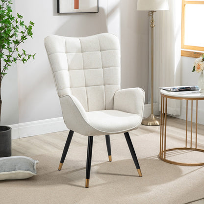 Fauteuil – Loungestoel – Relaxstoel – Nordic Chair – Leesstoel – Beige Stoffering – Zachte Gewatteerde Zitting & Armleuningen – Zwart-Gouden Metalen Poten – 71x66x106 cm