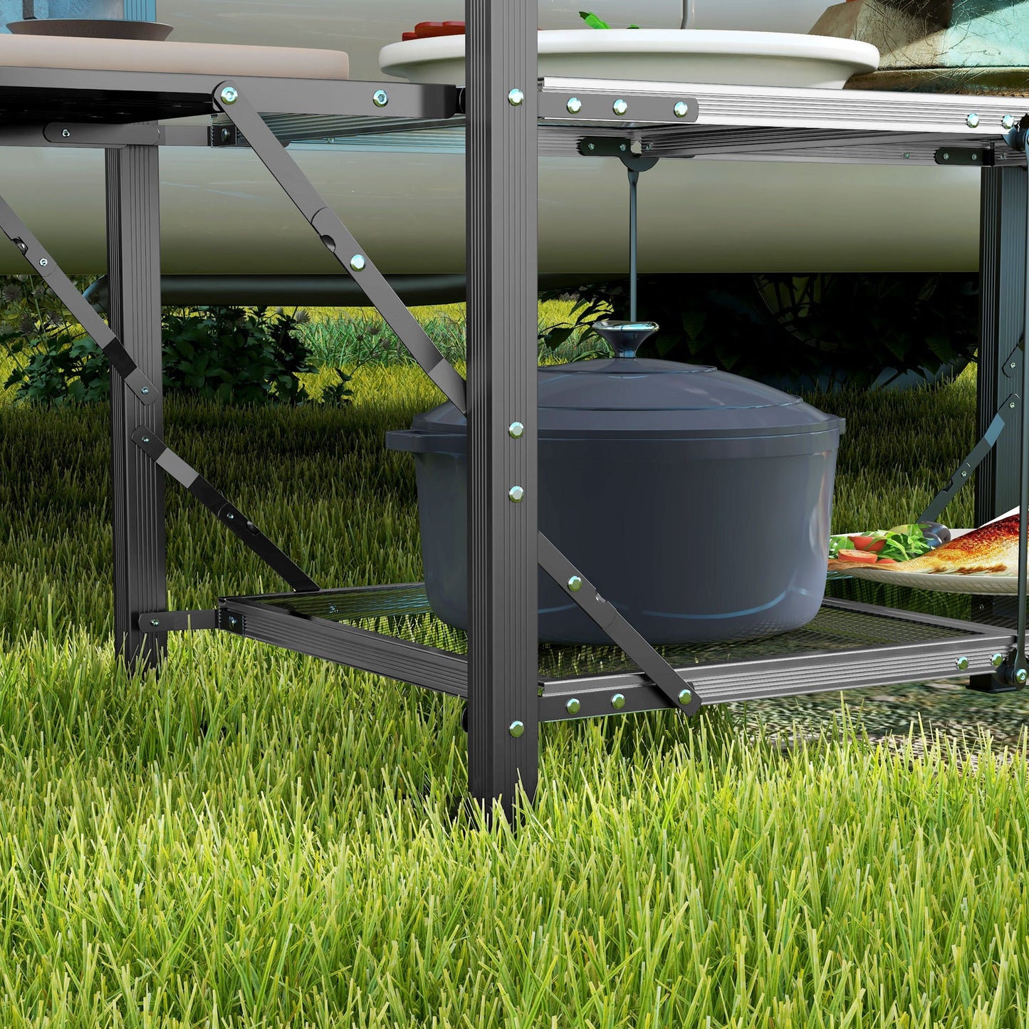 Campingtafel – Kampeertafel – Opvouwbare Tafel – Outdoor Tafel – Picknicktafel – Stalen Frame – Aluminium Blad – Met Opbergrekken – Inclusief Draagtas – 126x46x81 cm