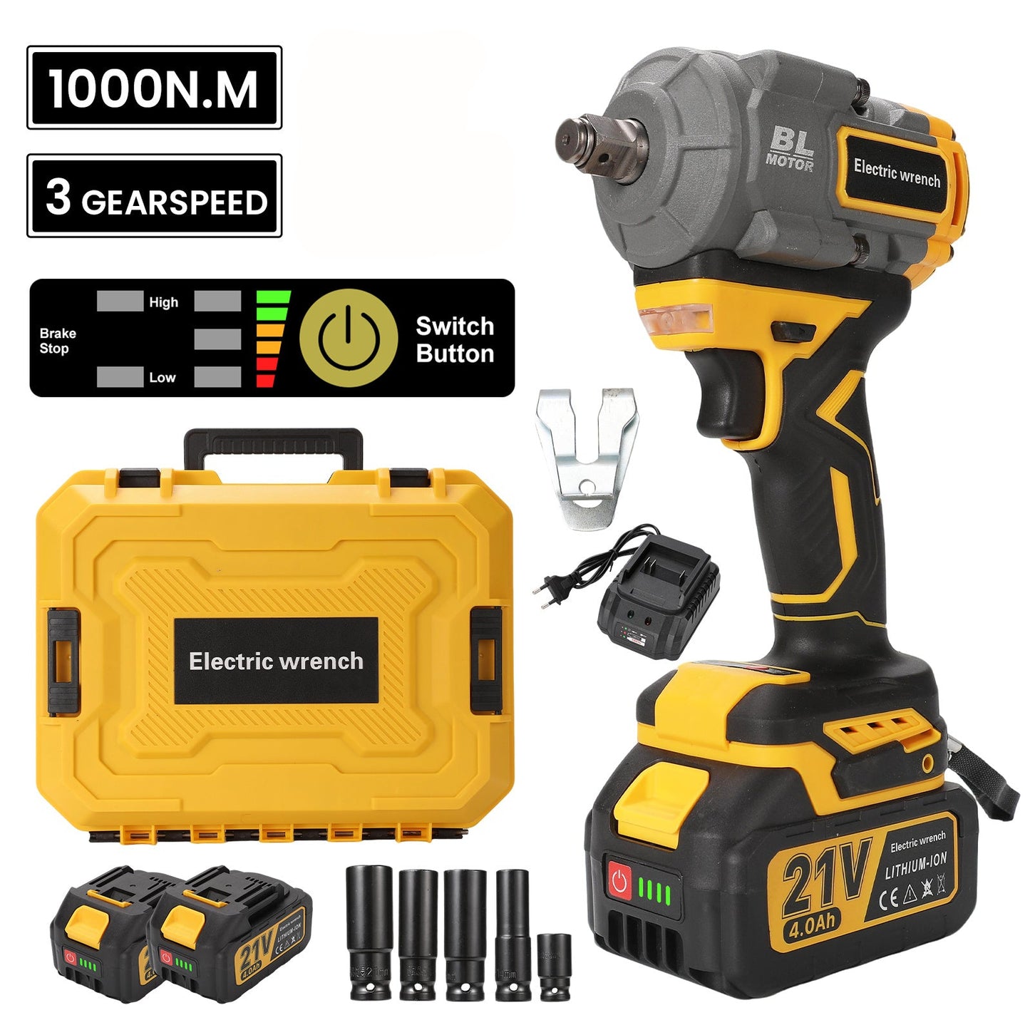 Slagmoersleutel – Slagschroevendraaier – Accu Slagmoersleutel – Elektrische Moersleutel – Borstelloze Motor – 21V 1000Nm Koppel – Inclusief LED Werklamp