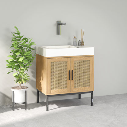 Badmeubel – Wastafelkast – Onderkast – Opbergkast – Badkamerkast – Boho Stijl met Rattan – U-Vormige Uitsparing – Eikenhout Afwerking