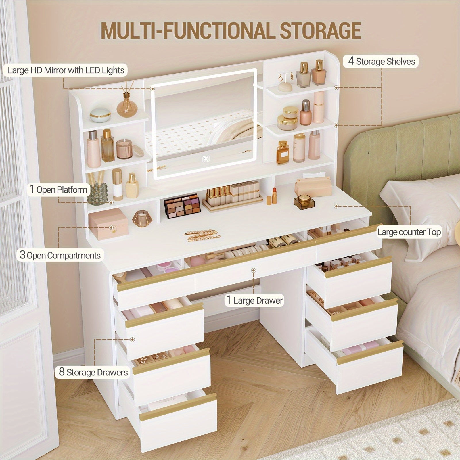 Large Jewelry Storage Cabinet With LED Lighting, 3 Colours, Brightness Control, Dressing Table With Mirror, 9 Drawers, 9 Open Shelves, Modern Style, White Golden/White And Silver, Jewelry Chests - QUORE