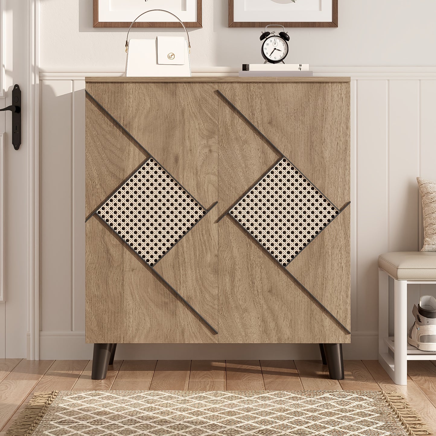 Schoenenkastje – Schoenopberger – Schoenenrek – Schoenenkast – Opbergkast – Bamboe – Rattan Deuren – Vrijstaand – Compact No-Assembly Design