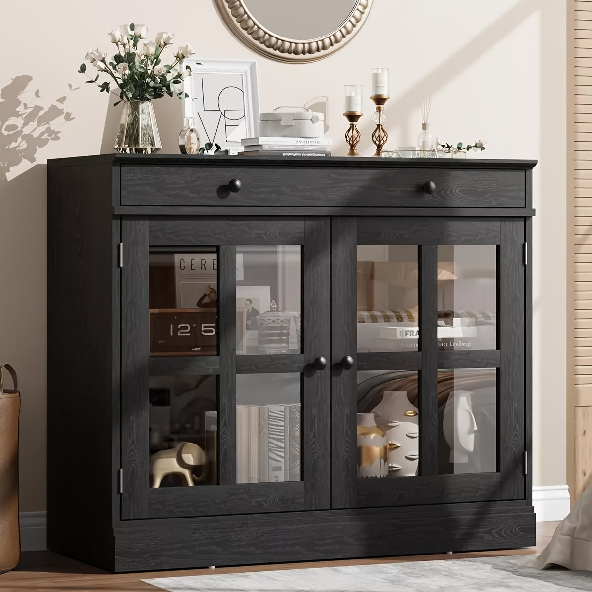 Buffetkast – Dressoir – Opbergkast – Vitrinekast – Kast Met Lade – Modern Design – Glasdeur – Compact Formaat – MDF Hout