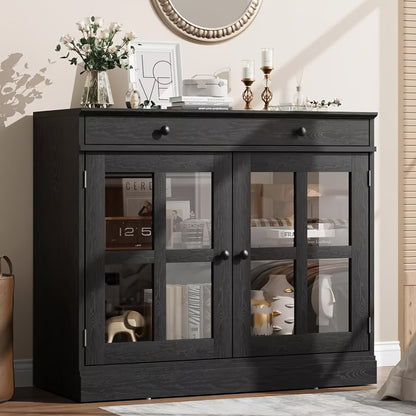 Buffetkast – Dressoir – Opbergkast – Vitrinekast – Kast Met Lade – Modern Design – Glasdeur – Compact Formaat – MDF Hout