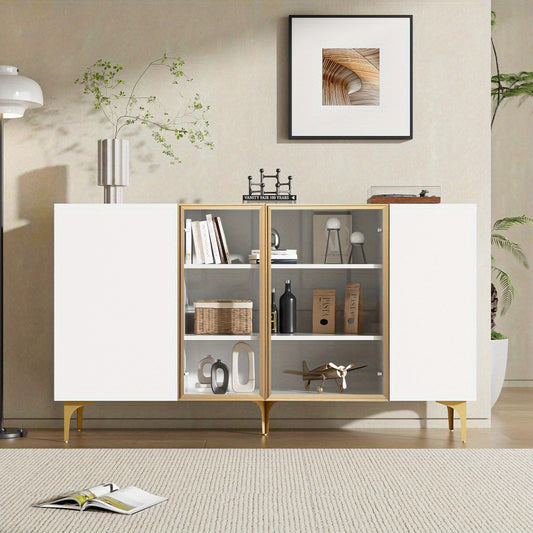 Vitrinekast – Wandkast – Opbergkast – Buffetkast – Kasten – 4-Deurs Glas & Metaal – Wit MDF – Modern Minimalistisch Design – Handgreeploos – Vloerstaand – 150x38x85 cm