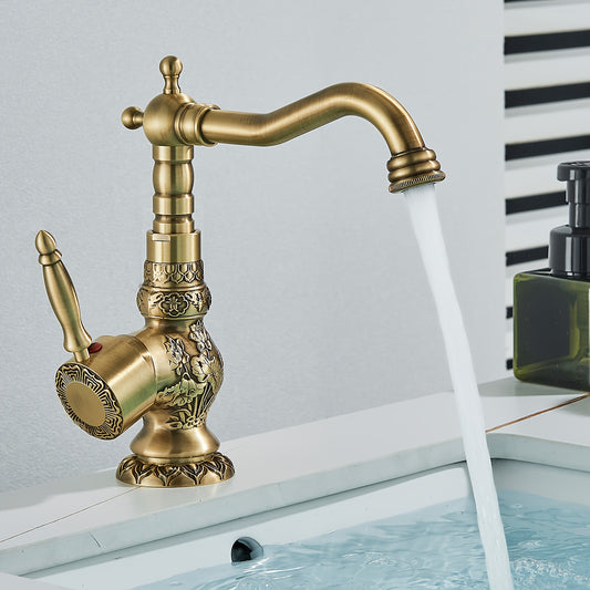 Antique Brass Bathroom Sink Tap - Single Lever 360° Rotatable Spout with Brushed Finish, Vintage Deck Mount Mixer Tap with Valve Core & Hardware, 1-Hole Installation for Bathroom Sinks, Easy Installation (No Batteries/Electr