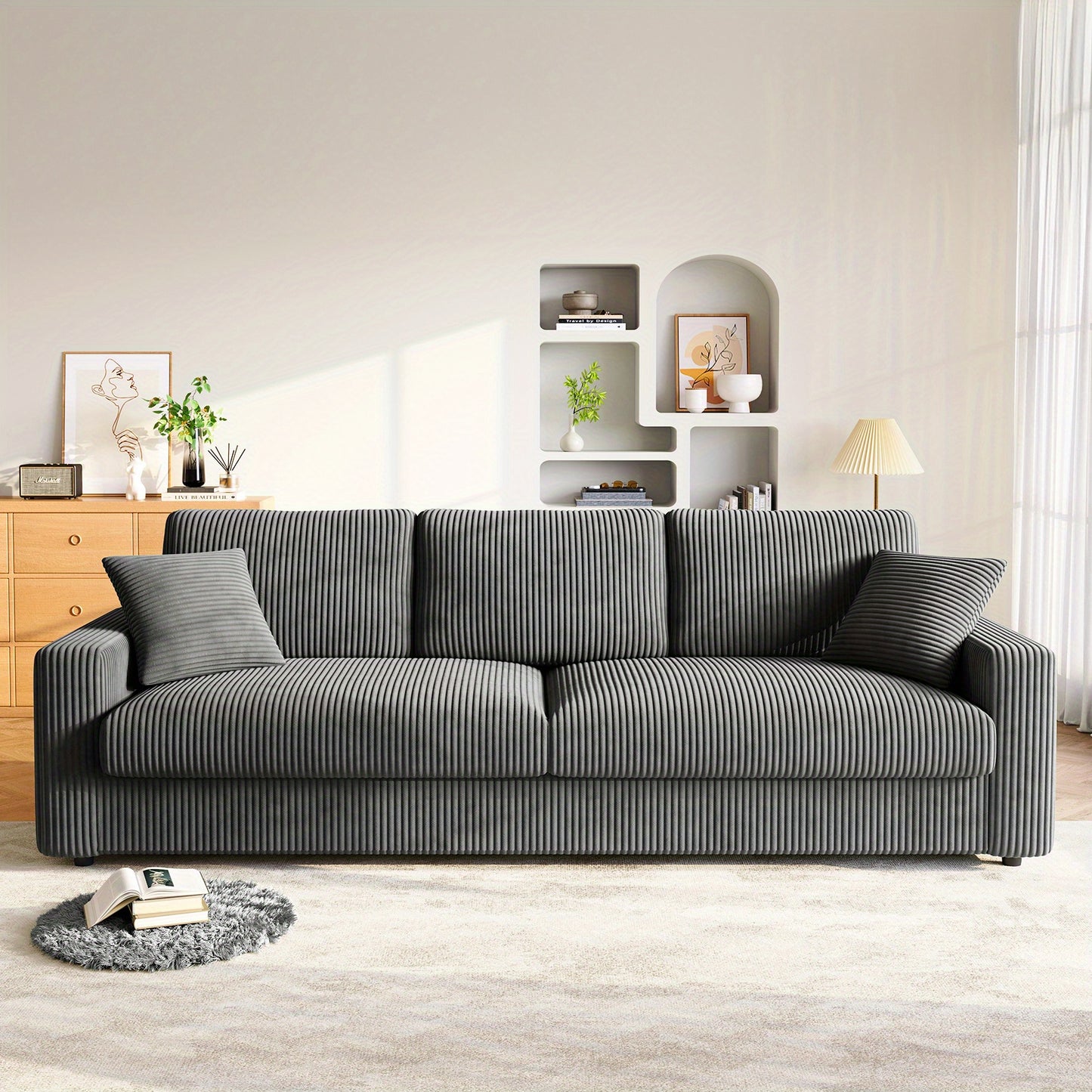 Bankstel – Hoekbank – 4-zitsbank – Slaapbank – Zitbank – Modern Design – Ribstof Bekleding – 256 cm Breed – Inclusief 2 Sierkussens