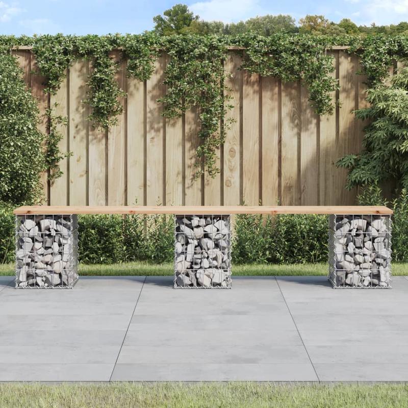 Gabionbank – Schanskorfbank – Tuinbank – Buitenbank – Balkonbank – Stevig Massief Grenenhout – Metaalframe – Steen-opvulbaar – Weerbestendig – 203x31x42 cm