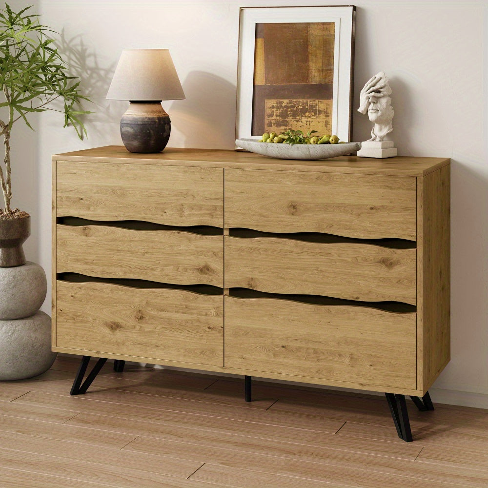Dressoir – Sideboard – Opbergkast – Ladenkast – Kast – Natuurlijk Kleur – 6 Lades – Metalen Pootjes – Ruime Opbergruimte – Eenvoudige Montage