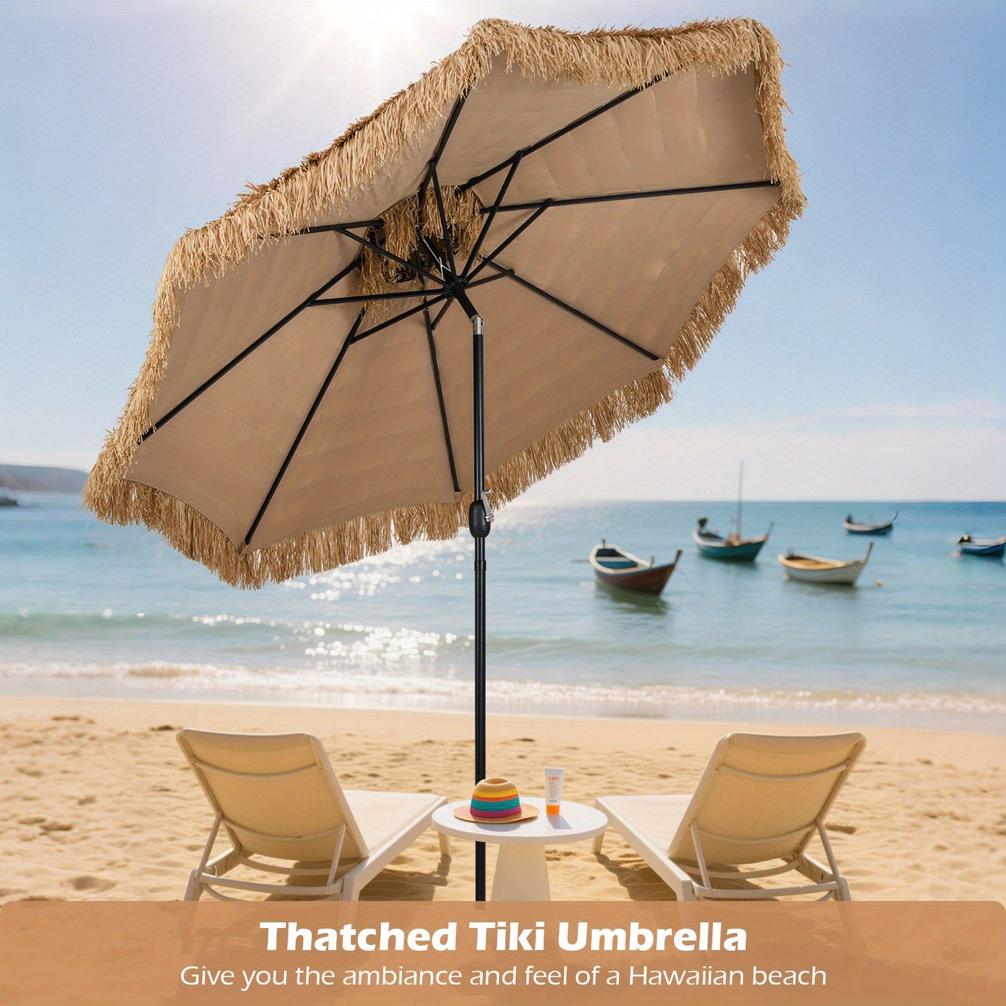 Tiki Parasol – Hawaiiaanse Parasol – Buitenkap – Zonnescherm – Terrasparasol – Extra Groot 305x274 cm – Kantelbaar met Slingerbediening – Weerbestendig PE Rietkap met Aluminium Frame
