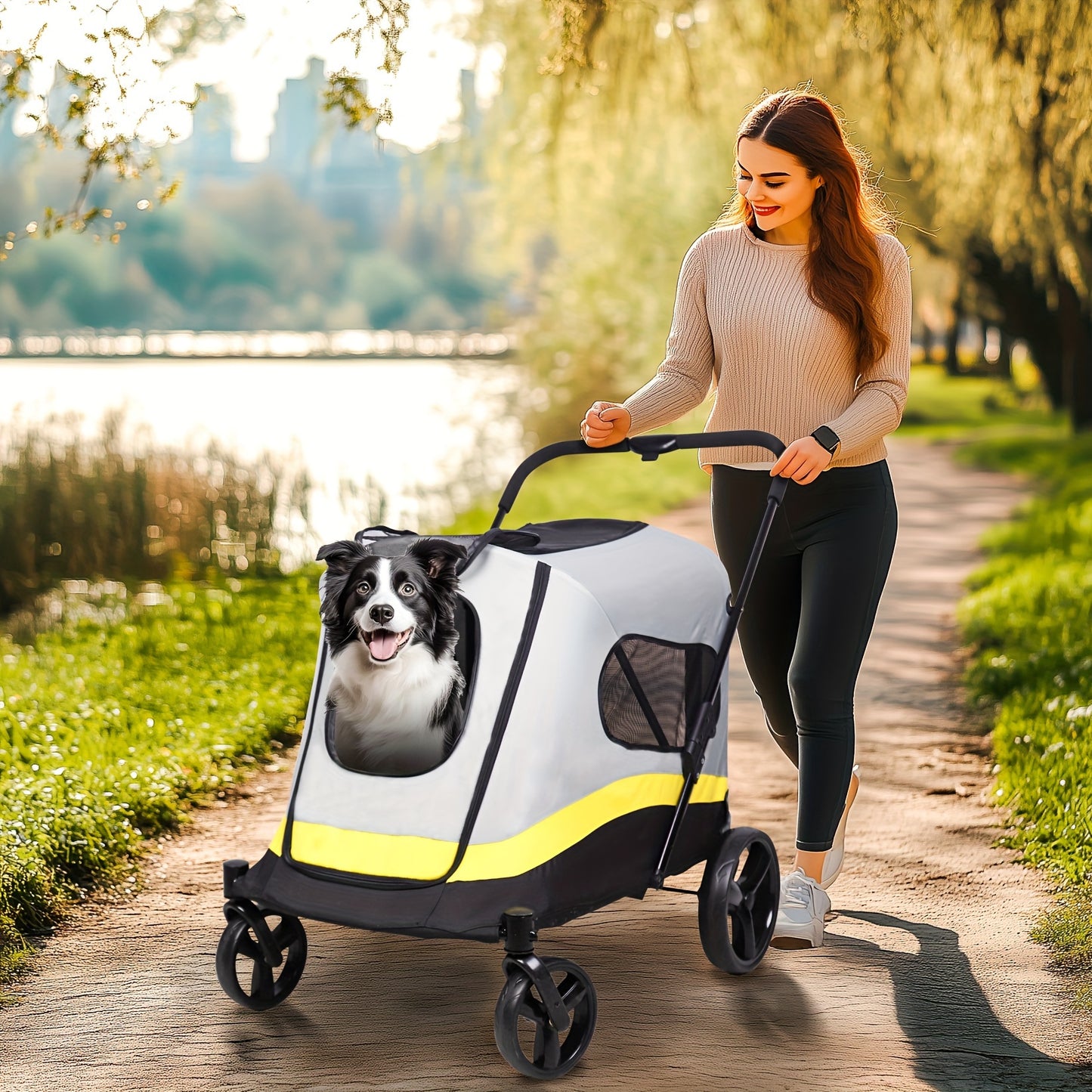Dierenwagen – Huisdierwagen – Hondenwagen – Pet Carrier – Dierenbuggy – Voor Middelgrote en Grote Huisdieren Tot 50 kg – Stevig Ijzeren Frame – Inclusief Regenhoes