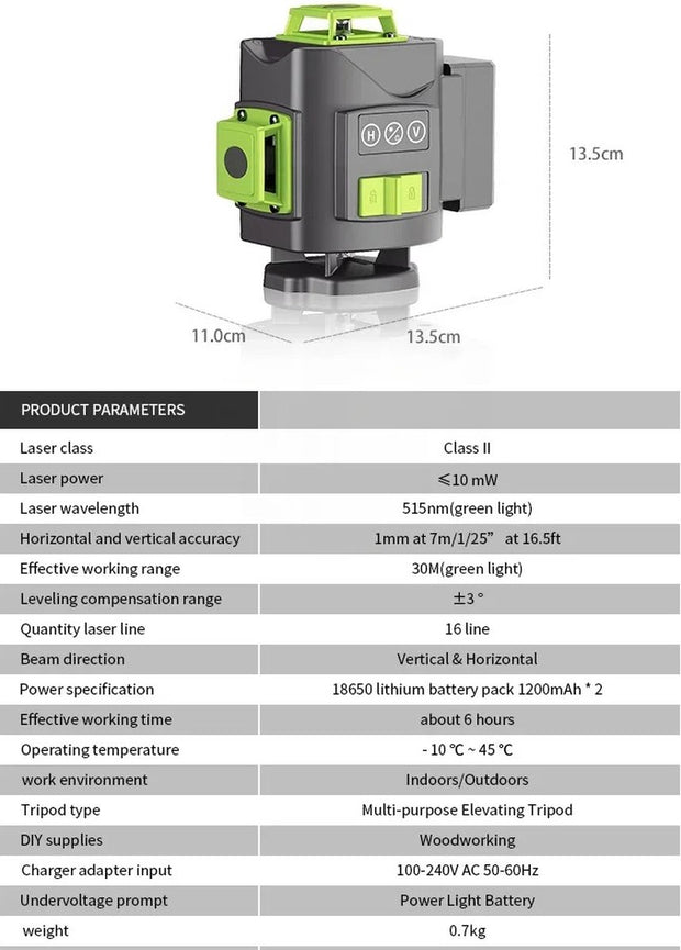 Kruislijnlaser - Lijnlaser - Waterpaslaser - Bouwlaser - Interieurlaser - Bouwvaklaser - Tegellaser - 16 stralen - 360 graden - 4D - 3D - 30 Meter - Koffer - Afstandsbediening - Accu Oplader - Opzet - Beugel/Steun - Clip - Handleiding - 2x Accu